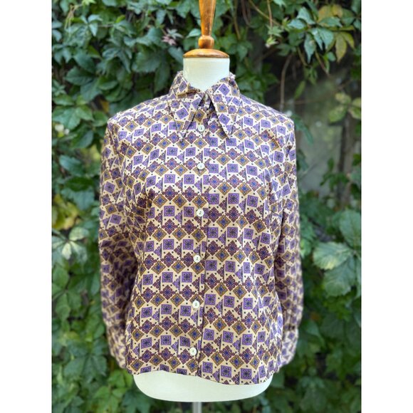 70s Dagger Collar Blouse All Over Purple Geometric Print Balloon Sleeve Custom - Picture 2 of 15